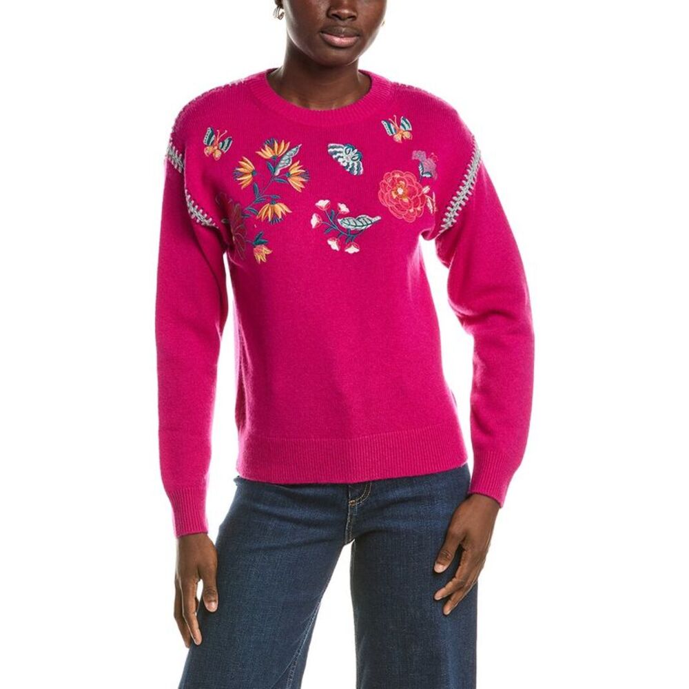 Johnny Was Womens The Crewneck Whipstitch Wool & Cashmere-Blend Pullover, Pink